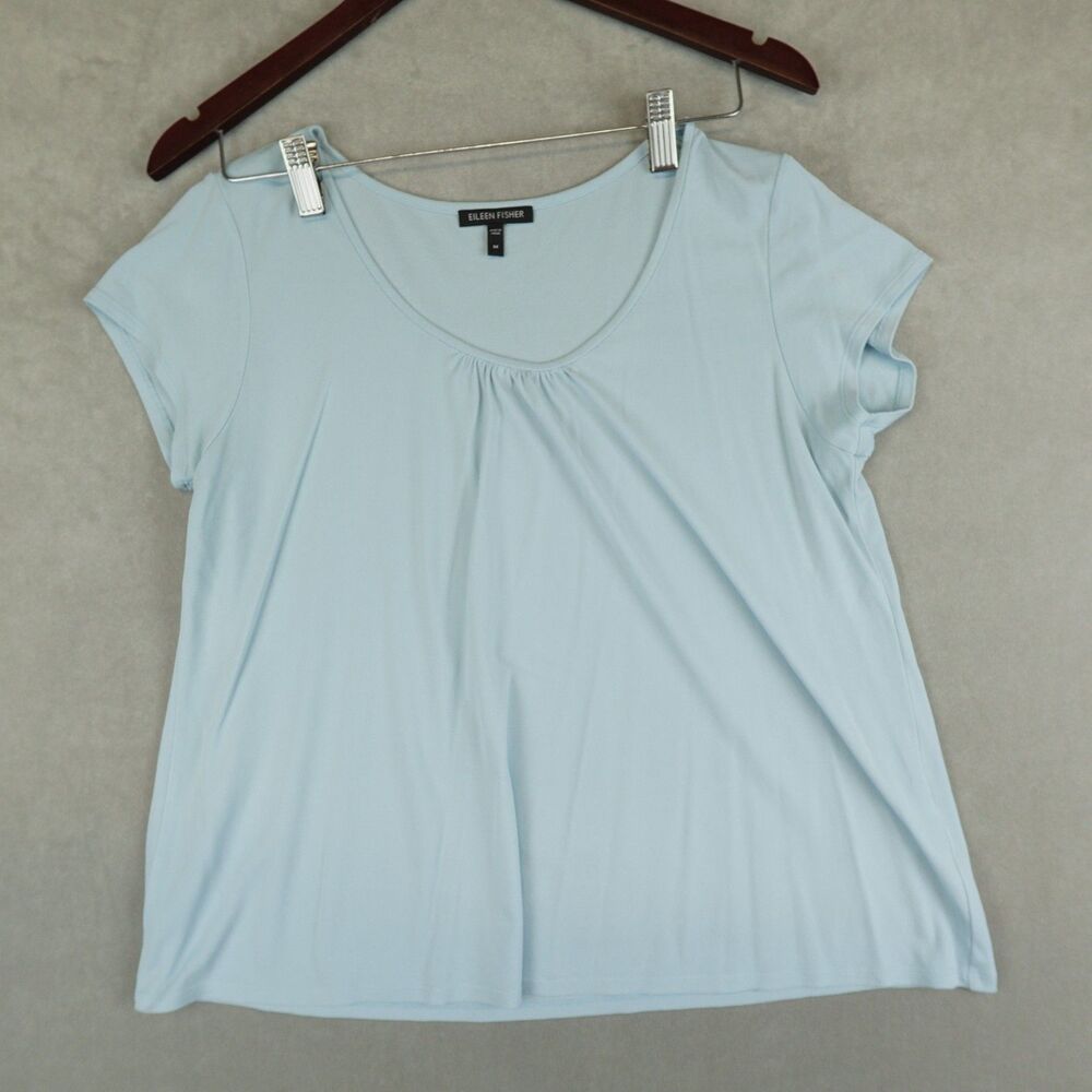 Eileen Fisher 100% Silk Blue Top Lagenlook Scoop Neck Short Sleeves Size Medium